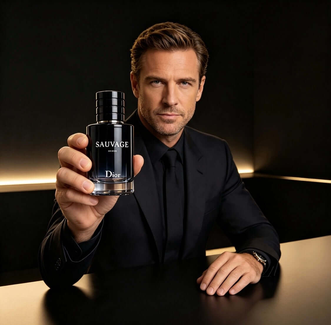 A man in a suit holding Dior Sauvage fragrance, promoting authentic designer fashion UK.